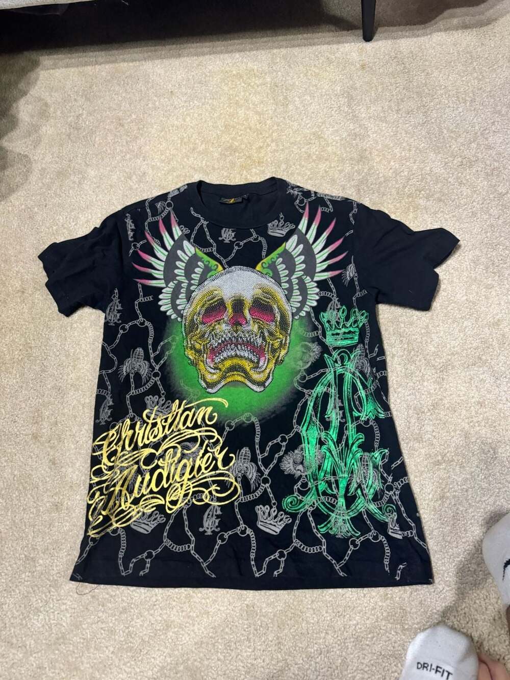 Christian Audigier Rhinestone Skull Graphic T-Shirt Size L